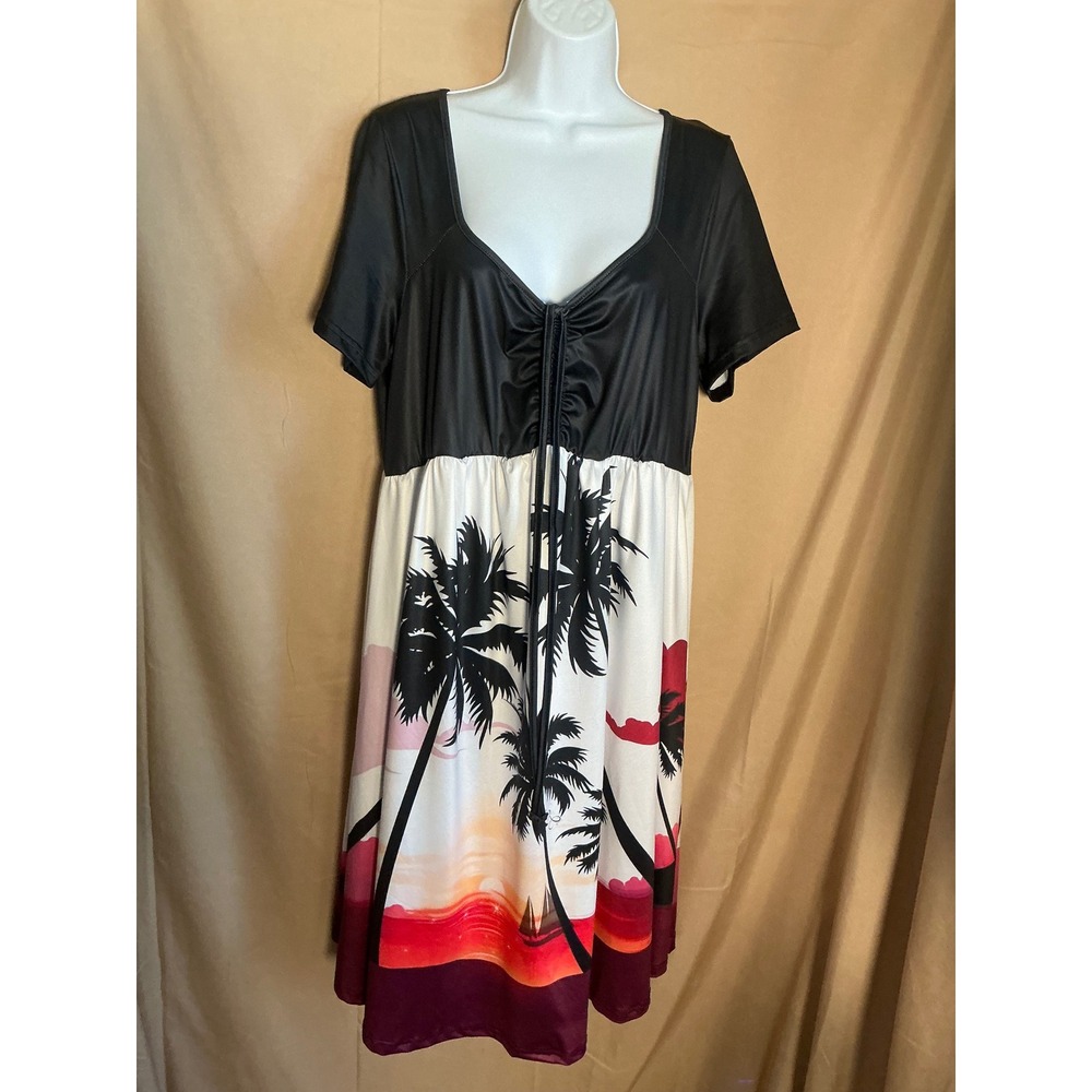 Tropical Sunset Print Dress Women Large Black Red Excellent Short Sleev